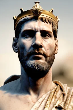 Realistic image, Roman sculpture made in white marble with gold veins, Lionel messi with gold laurel leaves crown, decorative star on the chest, waist up portrait, marble material, gold ornaments, Baroque style, sun rays background, epic, celestial, cinematic lighting, God lights, 4k resolution, smooth details, soft lighting, unreal engine 5, art station, substance 3d.