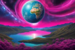 fushsia sky, planet in the sky, lake, sci-fi, mountains, galactic cosmic influence