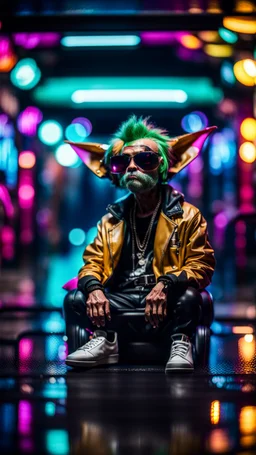 seen from camera on the ground, portrait of slick lord Gremlin myth buster pimp cyber punk sitting on a hipster car parked in dark fashionably lit reflective wet arcade hall tunnel,bokeh like f/0.8, tilt-shift lens 8k, high detail, smooth render, down-light, unreal engine, prize winning