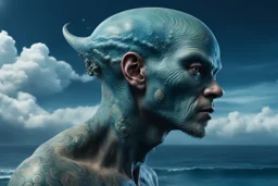 professional portrait of a alien race tatooed typ, the head with 3d bony growths under the skin on the head normal face full body side view the backdrop sea and clouds the sea is ocean_blue the male is natural colored , abstract beauty, approaching perfection, delicate face, dynamic, moonlight, highly detailed, digital painting, artstation, concept art, smooth, sharp focus, illustration, art by Carne Griffiths and Wadim Kashin, shot with Sony Alpha a9 Il and Sony FE 200-600mm f/5.6-6.3 G OSS