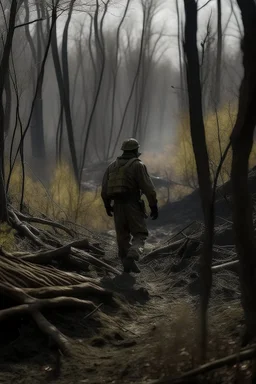 seorang penyintas sedang menyusuri hutan untuk kabur dari peperangan yang terjadi di tengah kota