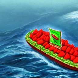 A ship made of watermelons on a rough sea