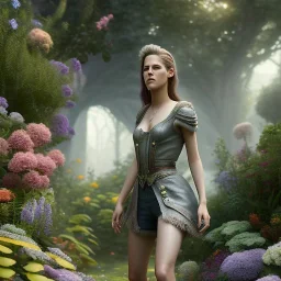 pixar style, volumetric summer garden environment and background, realistic painting of Kristen Stewart, looking excited, volumetric lighting, dramatic lighting, detailed digital painting, extreme dense and fine fur, anime, ornate, colour-washed colors, elegant, small minutiae, tiny features, particulars, centered, smooth, sharp focus, renderman gofur render, 8k, uhd, detailed eyes, realistic shaded volumetric lighting, sunlight caustics, backlight, centered camera view