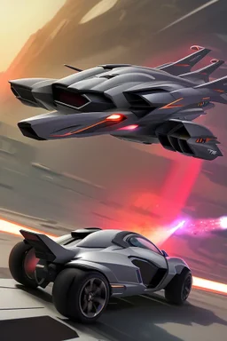 A combination of ultra-advanced car and crazy Max fighter, super sporty, with color and nano technology An advanced motorcycle with four wheels and a turbo jet in the back with rockets and machine guns,At war with humans