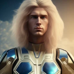 Full body ,Beautiful cosmic man, blue eyes, long blond hair, cosmic suit, galactic backdrop, soft lighting, hyper realistic, unreal engine 5, 16k