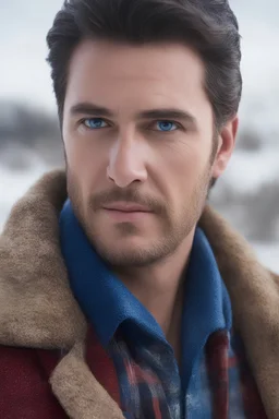 Blue eyes, close-up facial portrait - a Bright, well-lit UHD, 1080p 32k, photograph - winter time, hunting season, part Jesus Christ, part Elvis Presley with a mustache and short crew-cut hair, part Lee Majors, Part red and black checkered wool coat, blue jeans, cowboy boots, plaid shirt, sunbursts, crosses, 3D lighting, diamonds, hearts, Butterflies, Clovers, Roses, extremely colorful,