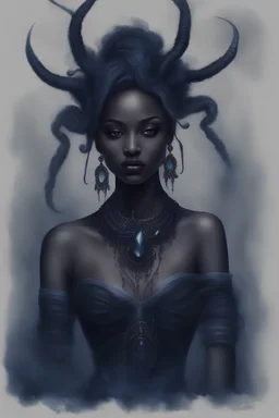 hot worrior woman of water , with mixing a bugs style accessories and fashion and hairstyle, belly,ornaments hair,sparkle ,candels,realistic,portrait,a hauntingly beautiful masterpiece emerges from the depths of darkness: an ethereal, noir-inspired portrait of a figure brown skin shrouded in misty shades of midnight blue and smoky charcoal, exuding a sense of mysterious allure and captivating the viewer with its enigmatic gaze