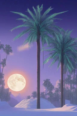 1980's aesthetic vaporwave palm trees with lighting with moon in the winter snow