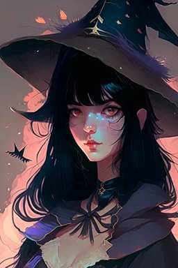 anime woman with black hair, mage, witch hat, girly