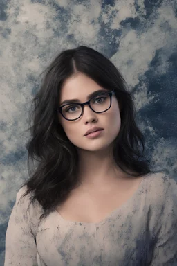 cross-eyed Lucy Hale Tom Welling hybrid, , 4k UHD, photorealistic, ((big, full, plump, pouty lips:1.5)) black hair, big cat-eye eyeglasses, dark blue foggy gradated marble wall background