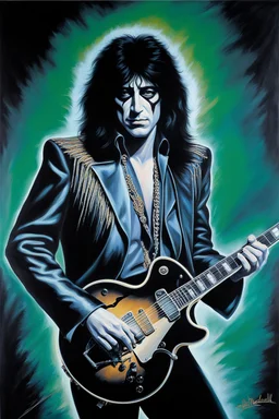 Head and shoulders image - oil painting by Scott Kendall - pitch Black solo record album with emerald glowing in tips of hair - 30-year-old Peter Criss (Drummer) with shoulder length, wavy, straight black and gray hair, with his face made up to look like a cat's face - in the art style of Boris Vallejo, Frank Frazetta, Julie bell, Caravaggio, Rembrandt, Michelangelo, Picasso, Gilbert Stuart, Gerald Brom, Thomas Kinkade, Neal Adams, Jim Lee, Sanjulian, Thomas Kinkade, Jim Lee, Alex Ross,