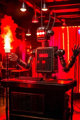 A hard rock robot hosts a radio show in a burning club