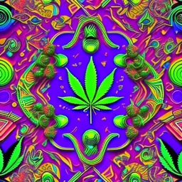 Marijuana, pattern, splash color, bright colors, neon, Psychedelic, detail, 8k, bright light, surreal, flat