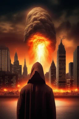 A volcano exploding over a New York City, inside the flame a giant hooded man face