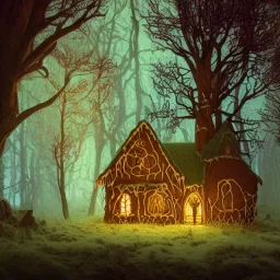 a witch house in the woods made of gingerbread, cerulean frosting, and pastel candies, 8k, flickering light, centered, high-quality, fine-detail, digital art, detailed matte, volumetric lighting, illustration, 3D octane render, brian froud, howard lyon, greg rutowski, alphonse mucha