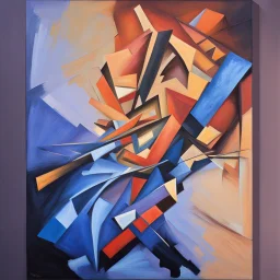 A painting consisting of abstract shapes in three different colors. Brush Strokes. Sloppy, non-realistic. 3 dimensional. Depth. three dimensional