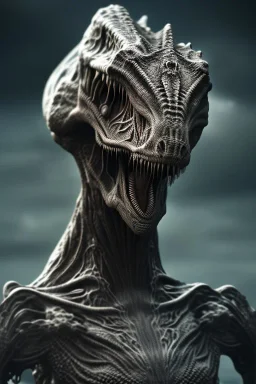 dinosaur alien, head, evil, 8k, finely detailed, photo realistic, HR Giger style