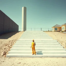 Photograph, wasteland, noon-light, huge fence in the background, bright, brutalist steps, huge cylinder, yellow man, daylight, details, high contrasts, fence, powder, aluminum, row of houses