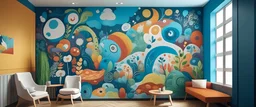 Generate a mural with whimsical and imaginative organic shapes, creating a fantastical environment that sparks joy and curiosity.