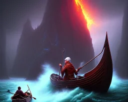 Charon the ferryman in his boat on the river Styx, red black purple colours, 8k, high definition, fantasy art, winding river, sharp jagged rocks, high contrast colours, sharp detail, lava river,