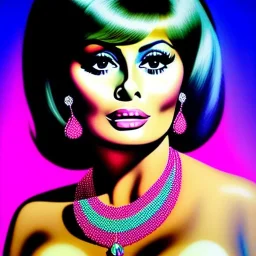 portrait in oil of young busty beautiful SOPHIA LOREN, purpurin, minimal skintight latex pink dress, gradient color, BLUE, PINK, CYAN, neon, insanely detailed, 16k resolution,with big crystal clear green eyes looking to viewer,realistic,intrincate detail, with ruby necklace by Adam hughes 16k