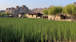 Resilient village among natural rock formations, fertile grasslands flourishing over former battlefield, serene pond lined with weeping willows, peaceful herds reclaiming once disputed land, traditional architecture integrated with historic defensive elements, golden light bathing the scarred landscape, post-war naturalism style