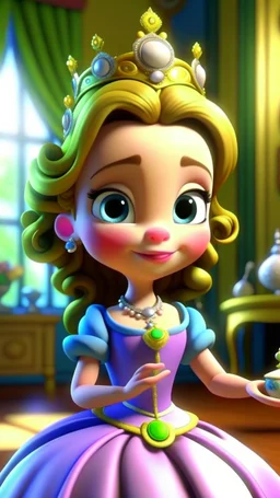 "Come one, come all," Princess Penelope cried, To the royal abode, where joy would reside. In her hand, a secret, a gift pure and sweet, Tea cups of wonder, a surprise hard to beat.cartoon,3D, friends