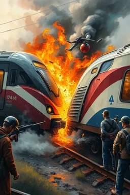 A modern fast train collided with another train causing chaos and fire people are dying in dramatic action view with oil paintings style of hard brush and high quality picture with high resolution 8k