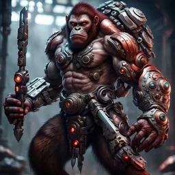 Fhoto full body, reality, Raw, god war, urang utan cyborg with weapon, digital art, intricate details, light eye, powerful composition, captivating, , trending on artstation, sharp focus, studio photo, intricate details, highly detailed, by addie_digi