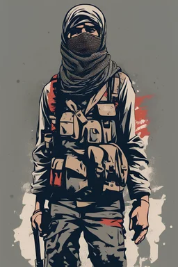 distressed image of Palestine Intifada soldier, use keffiyeh uniform, ready to fight, war, vector art, flat design, gloomy color,