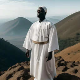 African man in white thobe, standing on top of mountain