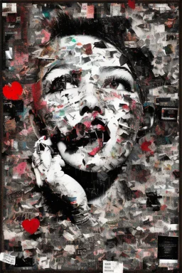 Ultra detailed medium portrait painting of happiness , torn up collage of clippings, beating heart line background, scattered flowers, crumbled Paper, memories on black and white photos, matrix effects, punk visual art, punk art aesthetic, graffiti art, pop surrealism, collage art, cluttered paint glitches