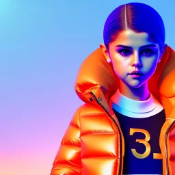 3d render, Selena Gomez toddler, full body, orange puffer jacket, dramatic lighting, volumetric lighting, concert background, hyper realistic, unreal engine 5, 8k, UHD,