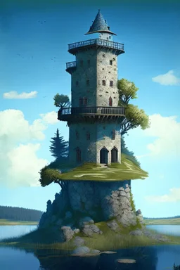 stone three-story tower with an observation room at the top, with a one-story room on one side, on a large grass-covered island, in a lake, surrounded by trees, with a blue sky