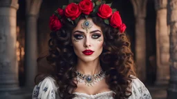 dark theme, (upper body portrait shot:1.2), a pretty cute woman with curly long hair, joy emotion, (looking at viewer:1.2), (colored makeup Dia de los Muertos:1.25), (dynamic pose, action packed:1.1), posing in luxury castle, wreath of roses (on head:1.2), intricate detailed long (red dress:1.3) with black lace details, 4k, 8k, (intricate details:1.12), hdr, (intricate details, hyperdetailed:1.15), soft cinematic light, dramatic atmosphere, atmospheric perspective, (natural skin)