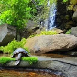 turtle and waterfall and house