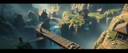 winding bridges in game waterfall and mill labyrinth landscape with houses and fog of war with volumetric light, monks looking up at camera, and big rhino kangaroo blocking bridge