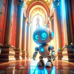 joyfull blessed cute holy chat robot in surrealistic hall, 8k, down-light, soft light, depth of field, photo realism, trending on art station, high detail