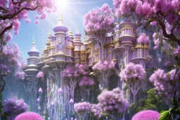 a magical crystal flower lys bougainvillier fuksia, blue gold house indian palace castle in the woods, magnolias pink,blue lake,sun,white swanns,pink vertical, blue lake,sharp, vines, candlelit, endor, ornate, elegant, highly detailed, artstation, concept art, smooth, sharp focus, illustration, 8k, splash art, wallpaper, key visual