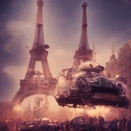 steam punk traffic jam in Paris 3D blender full lenght with white eiffel tower in the background