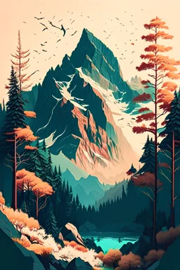 Beautiful nature, mountains, trees, beautiful, illustration.