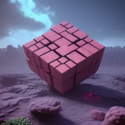 borg Cube spaceship with tentakel Coral plants growing out of it over a rocky desert with pink crystals