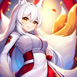 girl, masterpiece, best quality, volumetric lighting, detailed outfit, perfect eyes, long hair, white hair, vibrant golden eyes, fox girl, 9 tails, smile, miko