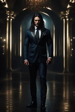 Portrait of a 35 year old Olive skinned muscular evil male with long dark hair, wearing an expensive suit, photorealistic, 4k, fantasy