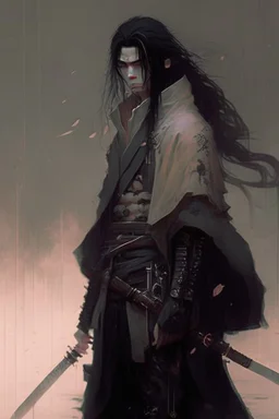 Street samurai, black hair, long hair, cybernetic eyes, standing in mists, male, dark art, Ivory Peach skin, cute