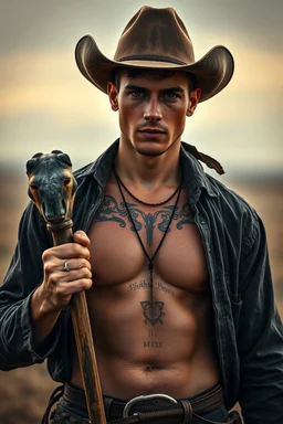 Extremely realistic photo of a young cowboy with tattoos on his chest and hands with nice muscles ,holding a ross to you, general foul weather, (Rembr Lighting), zeiss lens, ultra realistic, (high detailed skin:1.2), 8k uhd, dslr, Dramatic Rim light, high quality, Fujifilm XT3, artwork in pale distressed tones , minimalistic approach, blends old world aesthetics art with elements of distressed painting and illustration, shadow play, high conceptuality, palette inspired by Charlene Mc Nally, Carn