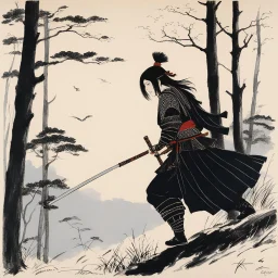 René Gruau's Nomadic samurai female creature at the edge of the wood