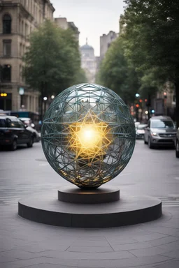 статуя на улице, Шар как атом/молекула: Сделать поверхность шара похожей на модель атома или молекулы, используя геометрические формы, светящиеся элементы или проекцию. . Для этого можно использовать различные геометрические формы, такие как круги, треугольники, шестиугольники и т. д., чтобы создать абстрактное изображение структуры атома или молекулы. Кроме того, возможно использование светящихся элементов, чтобы придать статуе особую магическую атмосферу и привлечь внимание прохожих ночью.