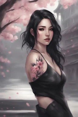 watercolor gothic girl in black leather halter top, white skin, beautiful wavy shoulder length black hair, sakura blossom tattoos on body, Trending on Artstation, {creative commons}, fanart, AIart, {Woolitize}, by Charlie Bowater, Illustration, Color Grading, Filmic, Nikon D750, Brenizer Method, Side-View, Perspective, Depth of Field, Field of View, F/2.8, Lens Flare, Tonal Colors, 8K, Full-HD, ProPhoto RGB, Perfectionism, Rim Lighting, Natural Lighting, Soft Lightiing, cityscape background