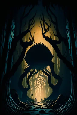 A frightening fungus forest dungeon hallway with the silhouette of a lumbering mushroom monster in the background